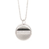 14k white gold CELS medium round pendant with alternating shiny and satin finish and white diamond center stripes