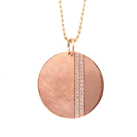 14k rose gold x-large JOMA round medallion with complimenting satin and shiny finish with 2 vertical stripes of white diamonds