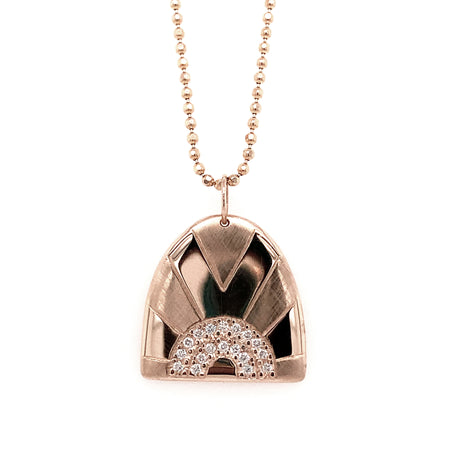 14k rose gold JONI medium half dome pendant with alternating shiny and satin finish and white diamond rainbow
